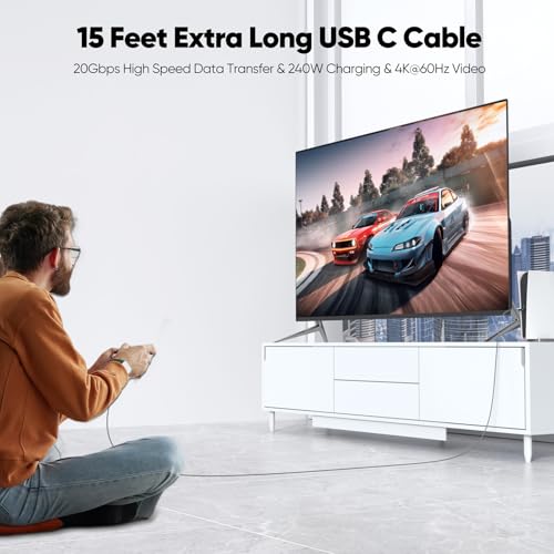 15ft USB C Cable with 20Gbps High Speed Data Transfer/240W Charging/4K@60Hz - size: 15 Feet