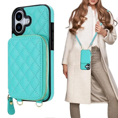 Bocasal Crossbody Wallet Case Card Holder for iPhone 17, Mint Green | RFID Blocking PU Leather Zipper Handbag Purse, Kickstand Flip Folio Case with Card Slots Holder Wrist Strap Lanyard 6.3 Inch - color: Green