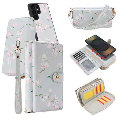 LITOU Compatible for Samsung Galaxy S26 Plus Crossbody Wallet Phone Case - color: GrayFlower, size: S26 Plus