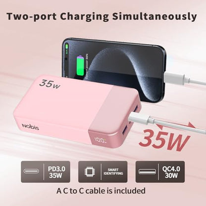 NOBIS Portable Charger 35W 20000mAh Power Bank Fast Charging - color: Pink