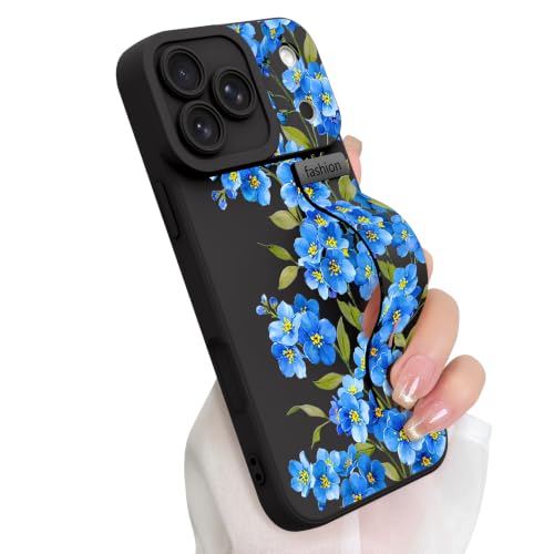 Designed for iPhone 17 Pro Max Case with Finger Hand Wrist Strap | Cute Floral Flower Phone Case with Adjustable Wristband Kickstand, Soft TPU Protective Cover for Women Girls, Black A2 - color: Black(Flower A2), size: Designed for iPhone 17 Pro Max