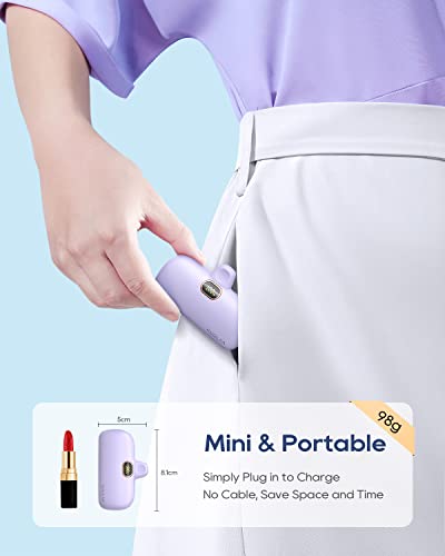 Kuulaa Portable Charger USB C with Built-in USB-C Plug, 5000mAh PD20W Fast Charging Power Bank, LCD Digital Display Battery Pack for iPhone 15/16/17,Samsung S22/S23 & Android (Purple) - color: Purple