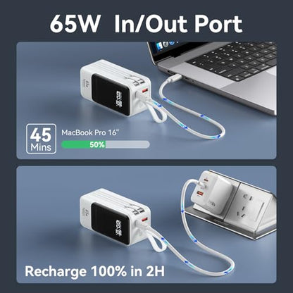 Selore&S-Global 65W Power Bank for Laptop, 18400mAh Fast Charging Portable Charger, Battery Pack with Dual Built-in USB-C & Lightning Cables, LCD Display Travel Chargers for MacBook/Dell XPS