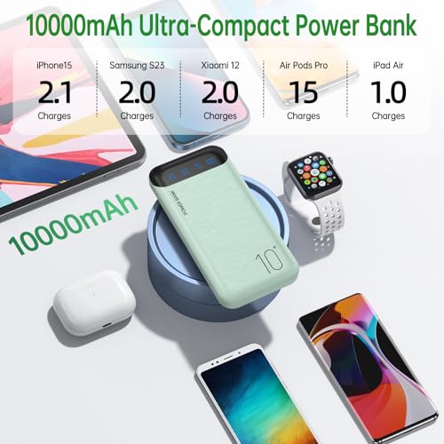 YOBON Power Bank 10000mAh Portable Charger Slim Battery Pack with 2 USB 2.4A Outputs and USB C in/Out Compatible with Huawei iPhone 16 15 14 13 12 iPad Samsung Galaxy S20 Android Tablet (Light Green) - color: Light Green