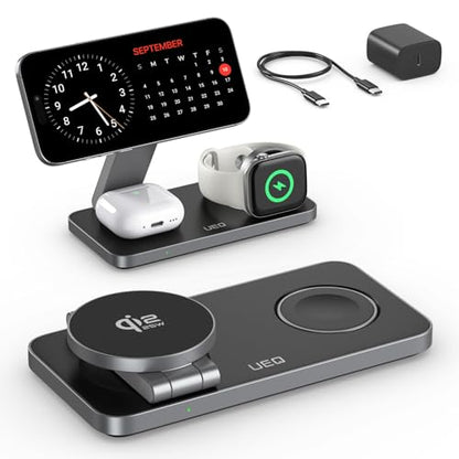 UEQ 3-in-1 Charging Station for Apple Devices,QI2.2 25W Ultra-Fast Magnetic Wireless Charger Stand,Compatible with MagSafe,Foldable Travel Charger for iPhone Air/17/16/15/14/13/12,Apple Watch,AirPods - color: Pure Black