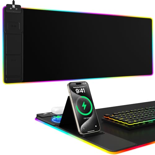 Wireless Charging RGB Mouse Pad with Phone Stand, Large Gaming Desk Mat - color: Black - 31.5x15.8" Phone Stand No Adapter