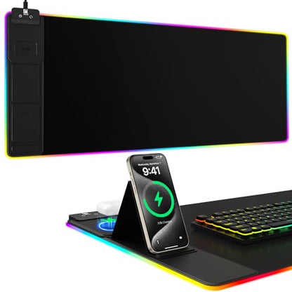 Wireless Charging RGB Mouse Pad with Phone Stand, Large Gaming Desk Mat - color: Black - 31.5x15.8" Phone Stand No Adapter