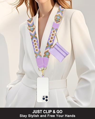 Nipichsha Crossbody Phone Strap with Wallet, Clip and Go Strap for Phone - color: Purple Geometry