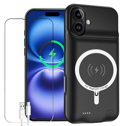 Battery Case for iPhone 16 Plus, Enhanced 12000mAh Portable Protective Wireless Charging Case Support Carplay Compatible with iPhone 16 Plus (6.7 inch) Rechargeable Battery Charger (Black) - size: iPhone 16 Plus