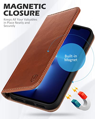 SHIELDON Genuine Leather Wallet Case for iPhone 13 Pro 2021, Retro Brown | RFID Blocking, Credit Card Holder, Magnetic Closure, Kickstand, Folio Design, Shockproof Phone Cover - color: Brown - Retro