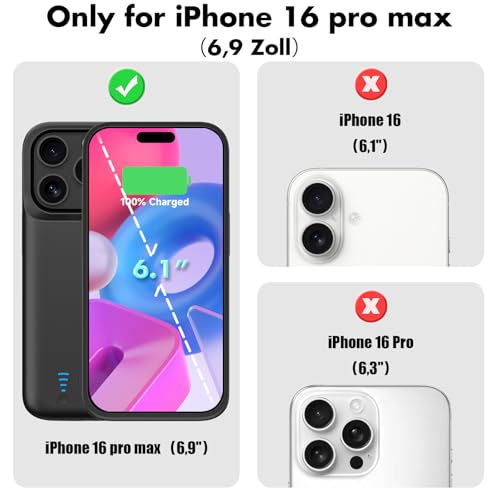Battery Case for iPhone 16 Pro Max (6.9 Inch) 5000mAh, Slim Rechargeable Extended Charging Case Power Bank with Stand, Portable Protective Phone Case with Battery for iPhone 16 Pro Max Black