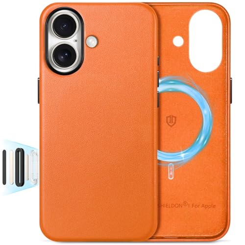 SHIELDON Genuine Leather Case for iPhone 17 6.3" 2025, Orange | Compatible with MagSafe, Magnetic Wireless Charging, Camera Button, Metal Buttons, Camera Bezel, Slim, Shockproof, Women Men - color: Orange, size: for iPhone 17