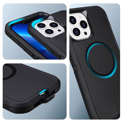 Defender for iPhone 14 Pro Max Magnetic Case with Belt Clip Holster, Black | Compatible with MagSafe, Heavy Duty Rugged Shockproof Anti-Drop Full Body Protective Case for iPhone 14 Pro Max, 6.7 Inch - color: Black