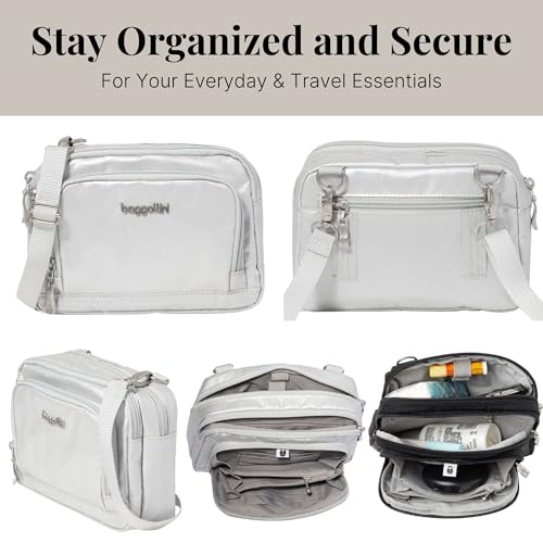 Baggallini Triple Zip with Front Wallet/Trifecta RFID Wallet Crossbody - color: Silver Metallic