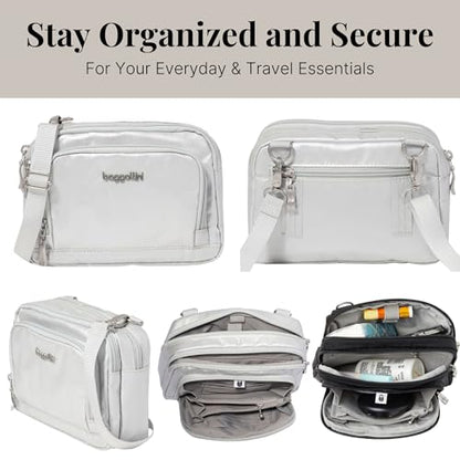 Baggallini Triple Zip with Front Wallet/Trifecta RFID Wallet Crossbody - color: Silver Metallic