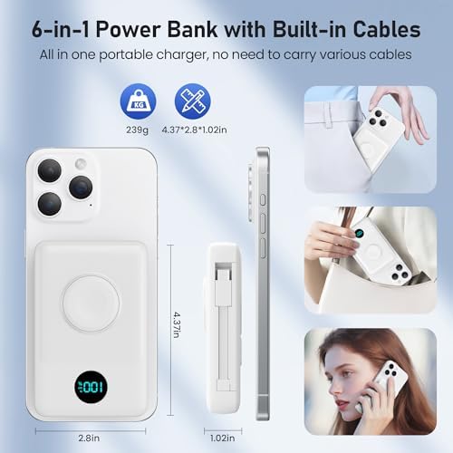 Ekrist Magnetic Portable Charger 10800mAh for MagSafe with Built-in Cable,iWatch Charger,Wireless Power Bank Travel Essentials,25W Fast Charging Battery Pack for iPhone 17/16/15/14,Apple Watch(White)