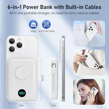 Ekrist Magnetic Portable Charger 10800mAh for MagSafe with Built-in Cable,iWatch Charger,Wireless Power Bank Travel Essentials,25W Fast Charging Battery Pack for iPhone 17/16/15/14,Apple Watch(White)