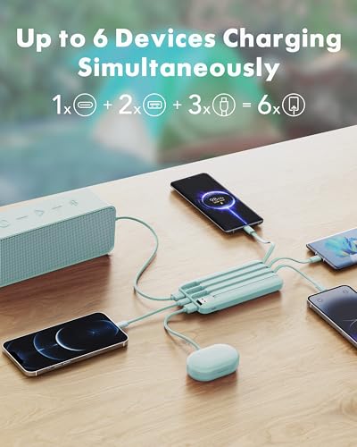charmast 10000mAh Power Bank Portable Charger with 4 Built-in Cables - color: Qing