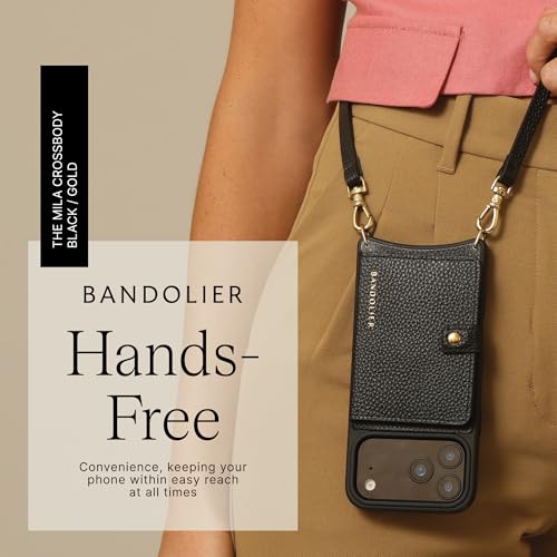 Bandolier Mila Leather Crossbody MagSafe Case iPhone 17 Pro Max- Black/G | Crossbody leather phone case. Built-in card-holder. Adjustable & removable strap. MagSafe Design. Phone drop protection. - color: Black/Gold, size: Iphone 17 Pro