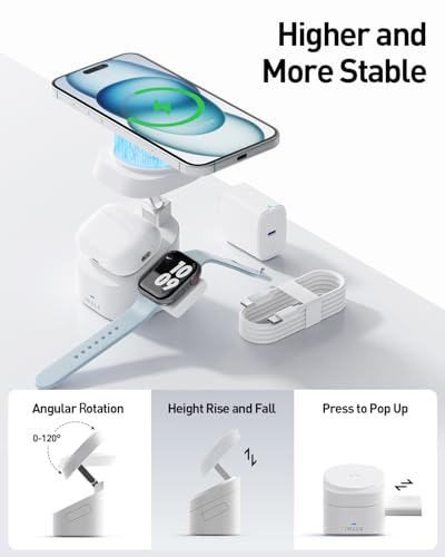 iWALK 3-in-1 Magnetic Wireless Charging Stand, 15W Foldable Charger Station for iPhone 16/15/14/13/12, Apple Watch & AirPods, Adjustable Dock with 20W USB-C Adapter - color: white