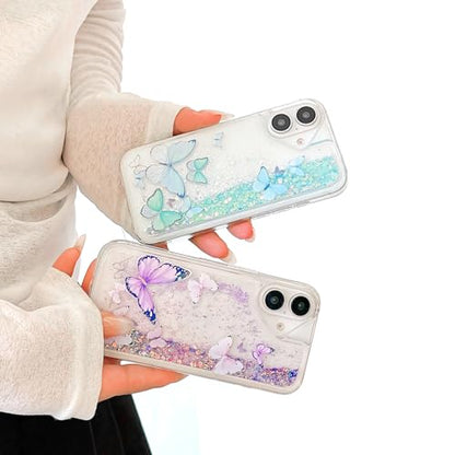 Compatible with iPhone 17 Pro Glitter Butterfly Case Glow in The Dark Women Girls Girly Bling Sparkle Flowing Quicksand Light up Soft TPU Bumper Luminous Clear Phone Cover, Pink - color: Blue, size: iPhone 17