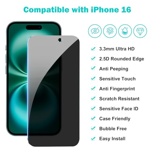 PEHAEL for iPhone 16 Privacy Screen Protector+Camera Lens Protector