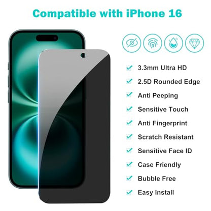 PEHAEL for iPhone 16 Privacy Screen Protector+Camera Lens Protector