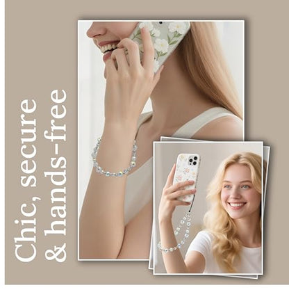 Crystal & Pearl Phone Charm Wrist Strap, Beaded Lanyard Wristlet Chain, Hands-Free Bracelet Strap for Phone Cases - color: Crystal