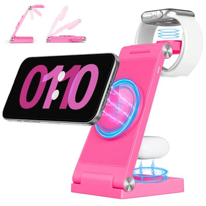 2026 Traveling Wireless Mag-Safe Fast Charging Station,Magnetic 3 in 1 Charger with Light for iPhone 16 15 14 13 12 Pro Max Plus,Apple Watch Series & Air pods 4 3 2 Pro-Gifts for Wife & Husband - color: Rosy Red