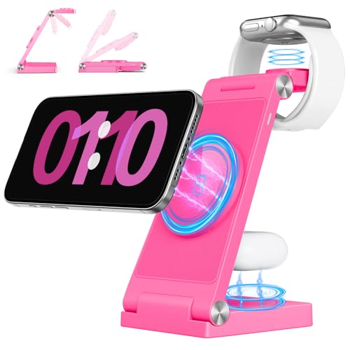 2026 Traveling Wireless Mag-Safe Fast Charging Station | Magnetic 3 in 1 Charger for iPhone 18 17 16 15 14 13 12 Pro Max Plus,Apple Watch Series & Air pods 5 4 3 2 Pro(Rose Red) - color: Rosy Red