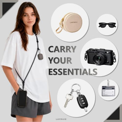 Adjustable Crossbody Phone Lanyard, Braided Cord with Tether Tab - color: Black
