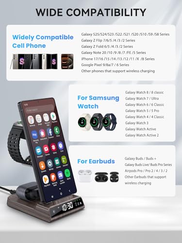 Wireless Charger for Samsung S25 with Clock 3 in 1 Android Charging Station - color: Wood Grain