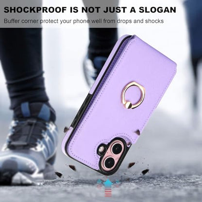Folosu Compatible with iPhone 16 Case Wallet with Card Holder, 360°Rotation Finger Ring Holder Kickstand, RFID Blocking Leather Protective Double Buttons Shockproof Cover 6.1 Inch Purple - color: Purple