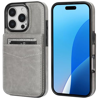 KIHUWEY for iPhone 16 Pro Wallet Case Card Holder Kickstand, Gray | Credit Card Slots, PU Leather, Magnetic Clasp, Flip Heavy Duty Protection Cover for Men and Women - color: Gray