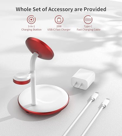 3 in 1 Magnetic Wireless Charging Station for Apple Devices,15W for Magsafe - color: Red