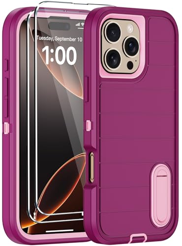 for iPhone 16 Pro Case with Screen Protector,Built-in Invisible Kickstand,Heavy Duty Shockproof Drop Protection Military Grade Tri-Layer Rugged Durable Cell Phone Cover for Apple 16 Pro 6.3"(Purple - color: Purple