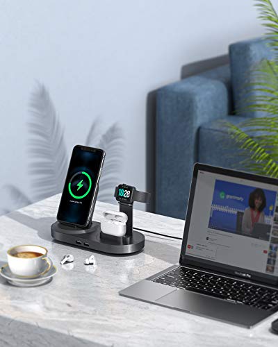 4 in 1 Wireless Charging Station, Fast Charging Dock Stand with 2 USB Ports for Apple Watch, AirPods, Cell Phones, Wireless Charger Compatible with iPhone 12/13/14/15/16 (Gary)