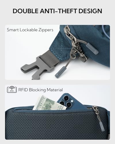 WATERFLY Small Fanny Pack RFID Blocking Travel Hiking Crossbody Waist Bag | Anti-theft design, Water resistant, Lockable zipper, Hidden rear pocket, Lightweight hip belt bag, EDC Running, Cycling, Gym - color: Dark Blue