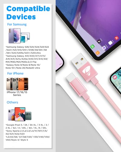 Aioneus USB A to USB C Cable 10 FT 2Pack 3A Fast Charging USBC Cord Braided - color: Pink