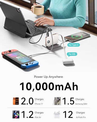 Portable Charger Power Bank 10000mAh, 45% Smaller Built-in Cables & AC Plug - color: Pearl White