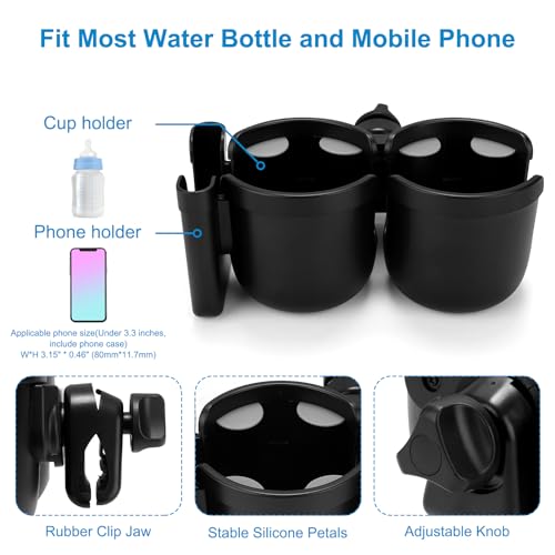 Accmor Stroller Cup Holder with Phone Holder, Bike Cup Holder, Universal Cup Holder for Uppababy Nuna Strollers, 2-in-1 Drinks Holder for Walker, Wheelchair, Scooter - color: Double Holder-All Black