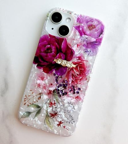 Qokey for iPhone 13/14 Case 6.1 inch,Flower Design Cute Clear for Women Girls with 360 Degree Rotating Ring Kickstand Soft TPU Shockproof Cover Purple Red - color: Fuchsia