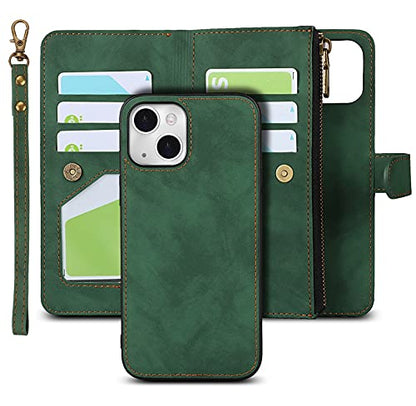 iCoverCase Compatible with iPhone 13 Wallet Phone Case with Card Holder, PU Leather Zipper Pocket Magnetic Detachable Flip Case with Wrist Strap (Green) - color: Detachable--Green