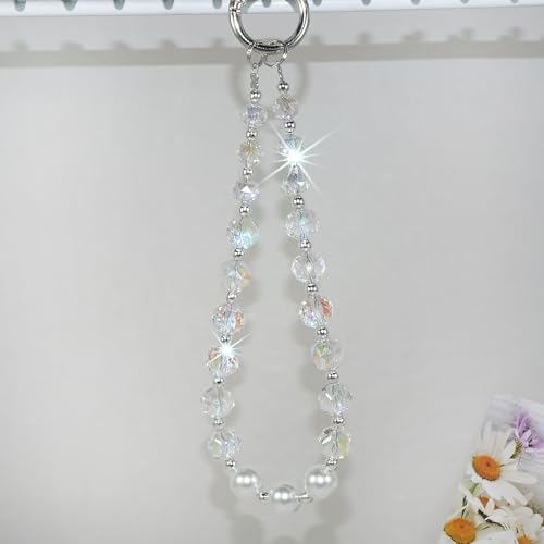 Sparkle Crystal Pearl Phone Wrist Strap for Women, Sparkling Beaded Cellphone Lanyard Chain - color: White