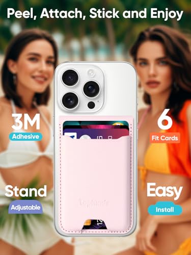 TopMade Phone Card Holder, Leather Phone Wallet Stick on with Stand, Open ID Window, Strongest 3M Adhesive Credit Card Holder for Back of Phone Case, iPhone, Samsung, and Android, Fit 6 Cards, Pink - color: Pink