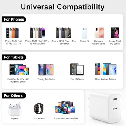 iPhone 18 17 16 15 Charger Fast Charging, 20W Dual Port USB C Charger Block - color: White