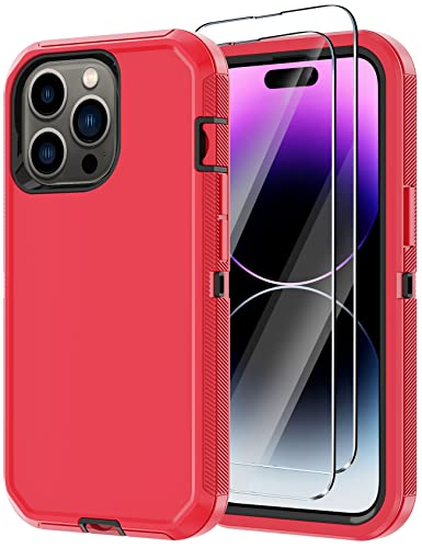 for iPhone 14 Pro Max Case with 2 Screen Protector,Heavy Duty Shockproof Drop Protection Rugged 3-Layer Military Tough Durable Protective Cover for Apple iPhone 14 Pro Max6.7 (Red/Black) - color: Red/Black