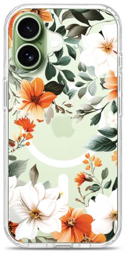 Ranz Clear Case Compatible with MagSafe for iPhone 17 – Transparent Orange Floral Green Leaves Case for Women Girls, Anti-Yellowing Slim Shockproof Protective Cover - Orange Flower - color: Orange Floral, size: iPhone 17