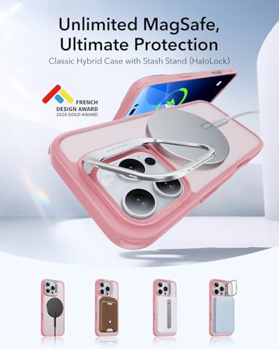 ESR for iPhone 16 Pro Max Case, Compatible with MagSafe, Military-Grade Protective Case, Built-in Stash Stand Phone Case, Scratch-Resistant Back Cover, Classic Series, Frosted Pink - color: Frosted Pink