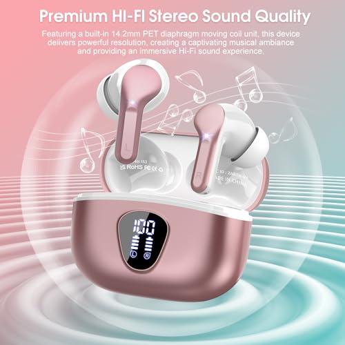 Wireless Earbuds, Bluetooth 5.4 Headphones HiFi Stereo, Bluetooth Earbuds - color: Rose Gold